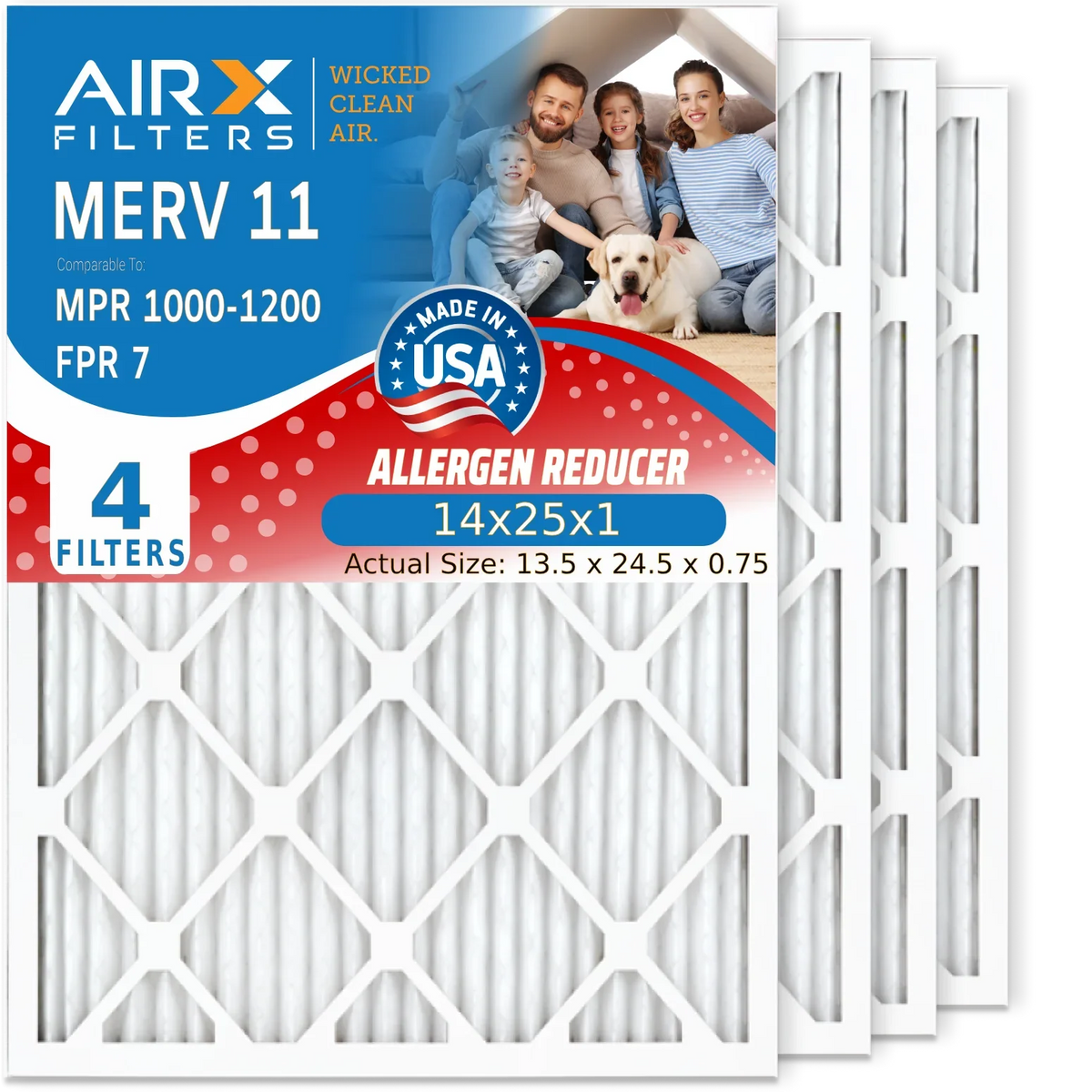 14x25x1 Air Filter MERV 11 Comparable to MPR 1000, MPR 1200 & FPR 7 Electrostatic Pleated Air Conditioner Filter 4 Pack HVAC Premium USA Made 14x25x1 Furnace Filters by AIRX FILTERS WICKED CLEAN AIR.