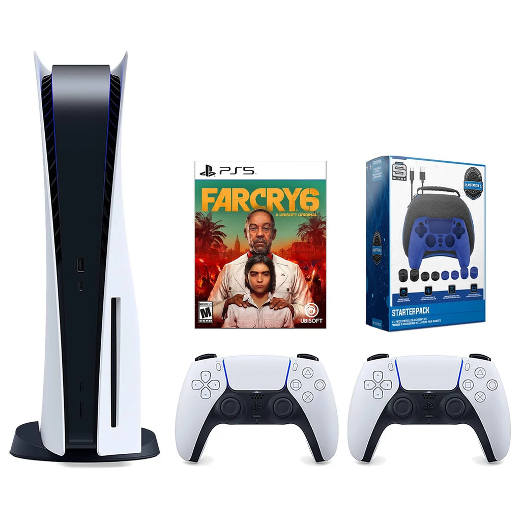 Sony Playstation 5 Disc Version Console with Extra White Controller, Surge Pro Gamer Starter Pack 11-Piece Accessory Kit and Far Cry 6 Bundle