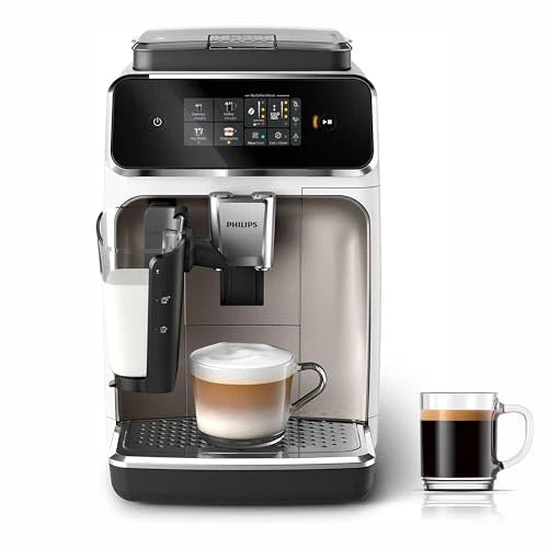 Philips Seria 2300 W Pełni Automatyczny Ekspres Do Kawy – 4 Napoje, Nowoczesny, kolorowy ekran dotykowy, LatteGo, SilentBrew, Ceramiczny Młynek, Filtr AquaClean, Kolor Biały Chrom (EP2333/40)