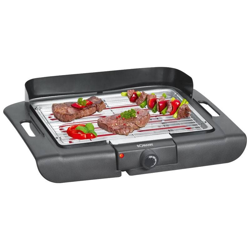 Grill elektryczny, chromowany, 36 x 25 cm, termostat, wiatroszczelny przód, tacka ociekowa, czarny, 2000 W Bomann Bq 2243 Cb(Por omisión)
