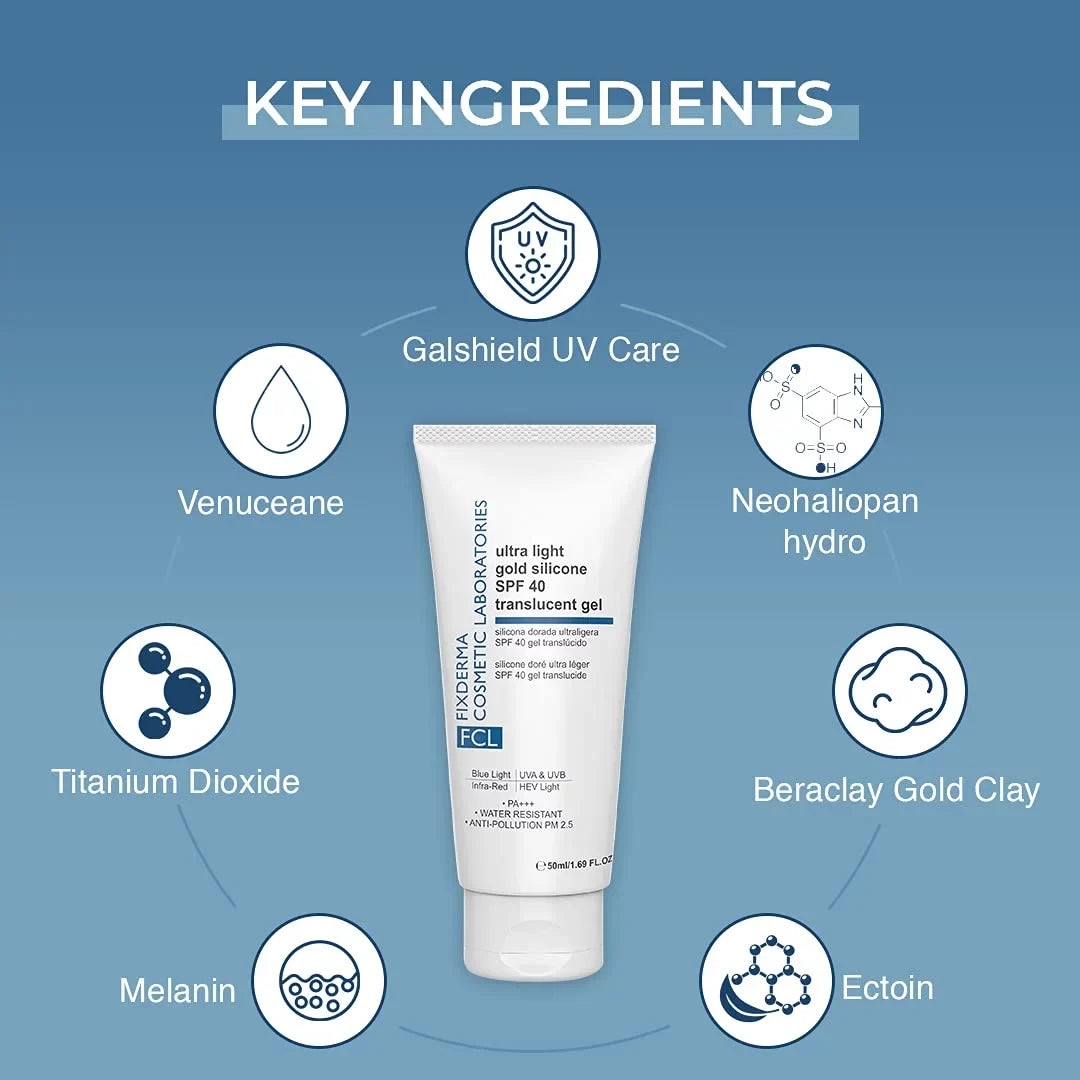 FIXDERMA COSMETIC LABORATORIES Ultra Light Gold Silicone SPF 40 Translucent Gel | Moisturizer for Acne Prone Skin | Sunscreen for Body & Face | Sun Screen Prote - Perfect for your project