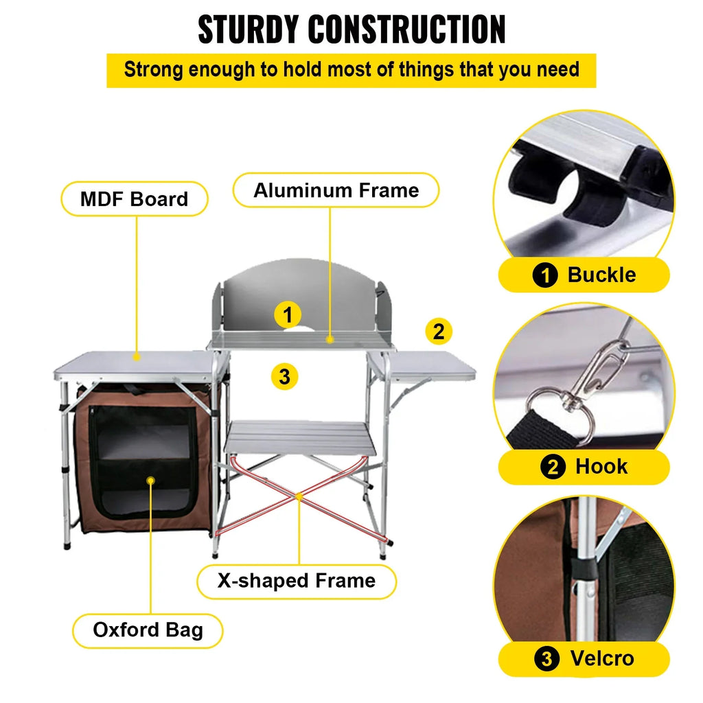 SKYSHALO Portable Folding Cook Table for BBQ, Party, Camping, Brown Color, Outdoor Camp Table 2-Tier, Camping Kitchen Table with Zippered Bag - Perfect for your project