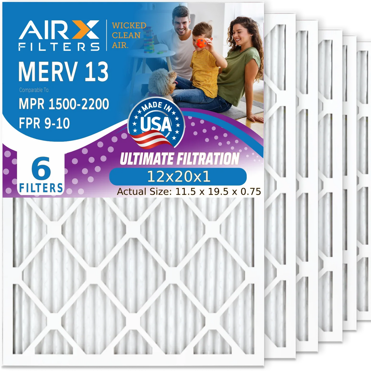 12x20x1 Air Filter MERV 13 Comparable to MPR 1500 - 2200 & FPR 9 Electrostatic Pleated Air Conditioner Filter 6 Pack HVAC AC Premium USA Made 12x20x1 Furnace Filters by AIRX FILTERS WICKED CLEAN AIR. - Perfect for your project