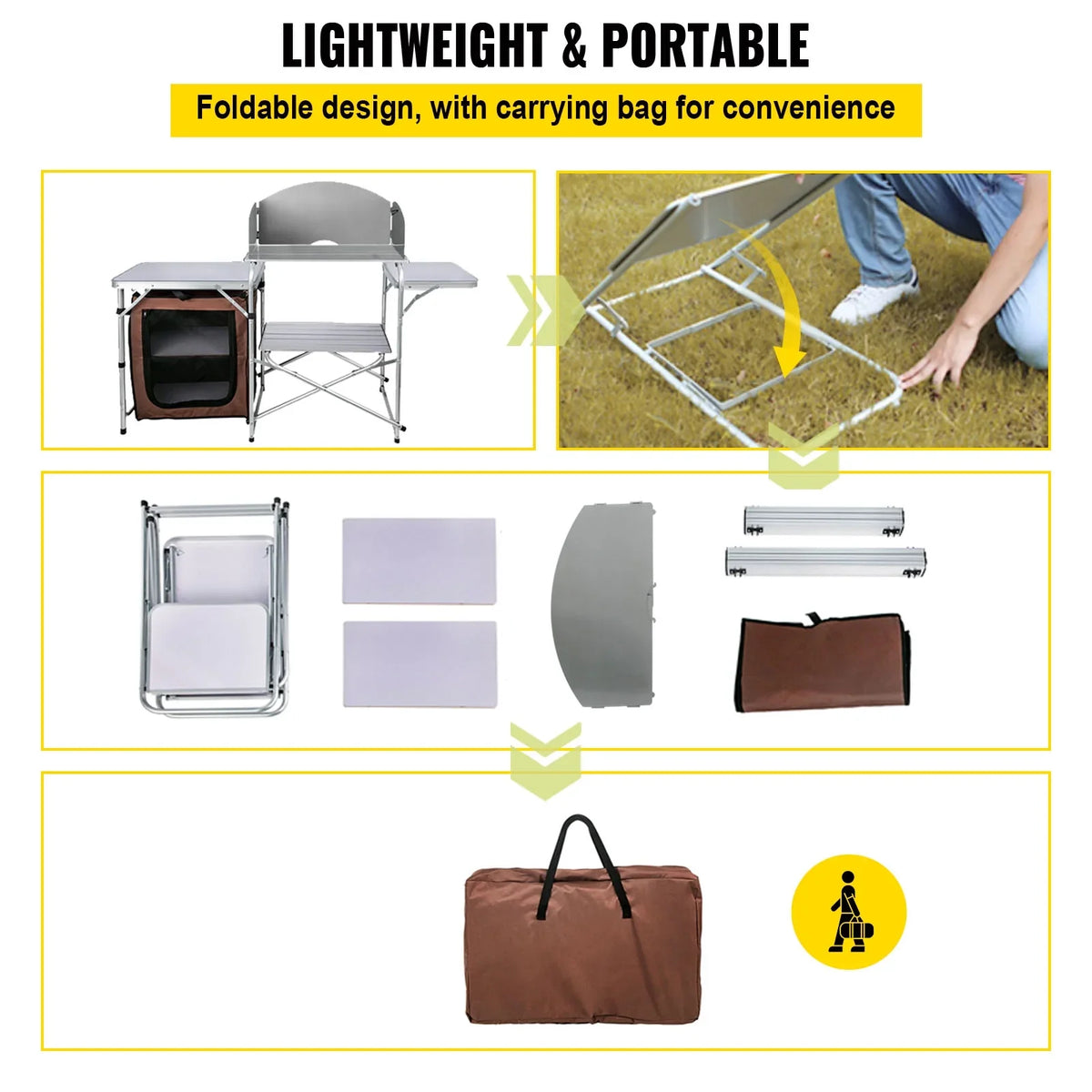 SKYSHALO Portable Folding Cook Table for BBQ, Party, Camping, Brown Color, Outdoor Camp Table 2-Tier, Camping Kitchen Table with Zippered Bag - Perfect for your project