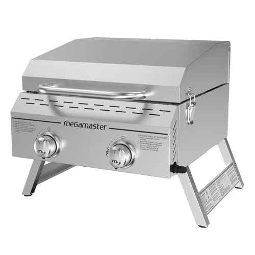 Megamaster Wysokiej jakości grill do gotowania na świeżym powietrzu z 2 palnikami, na kemping, do kuchni na zewnątrz, na patio, ogród, grill z dwiema składanymi nogami, srebrny ze stali nierdzewnej(Megamaster Premium 2-palnikowy grill gazowy na propan)