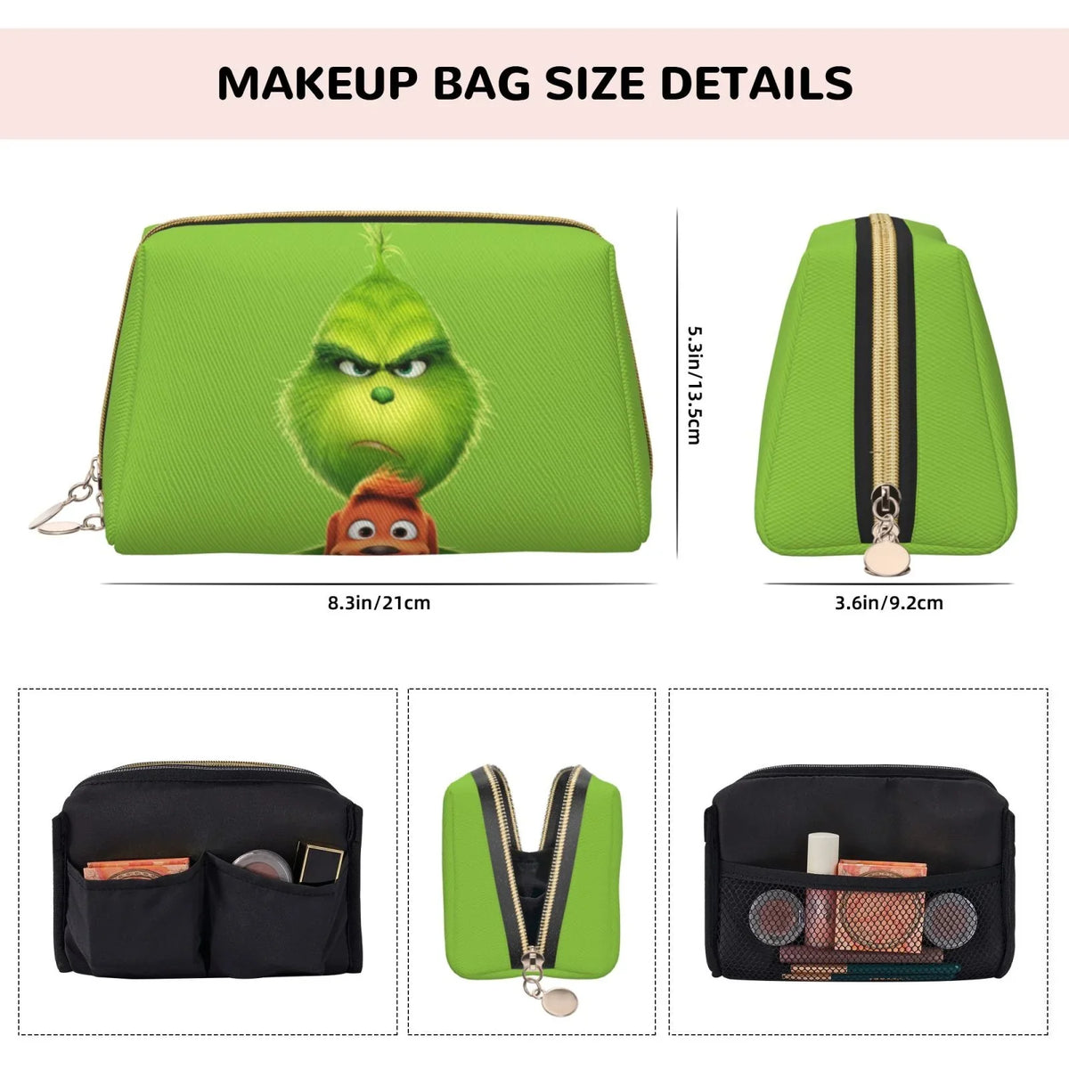 Animated Grinch Cosmetic Bag Makeup Organizer Leather Portable Pouch Gift Travel Toiletry Bag Storage Purse - Perfect for your project