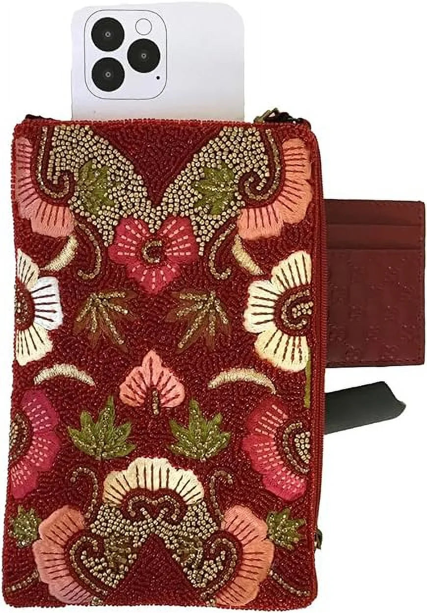 Top-quality Ruby Bloom Floral Club Bag Beaded Phone Crossbody, Red Multi