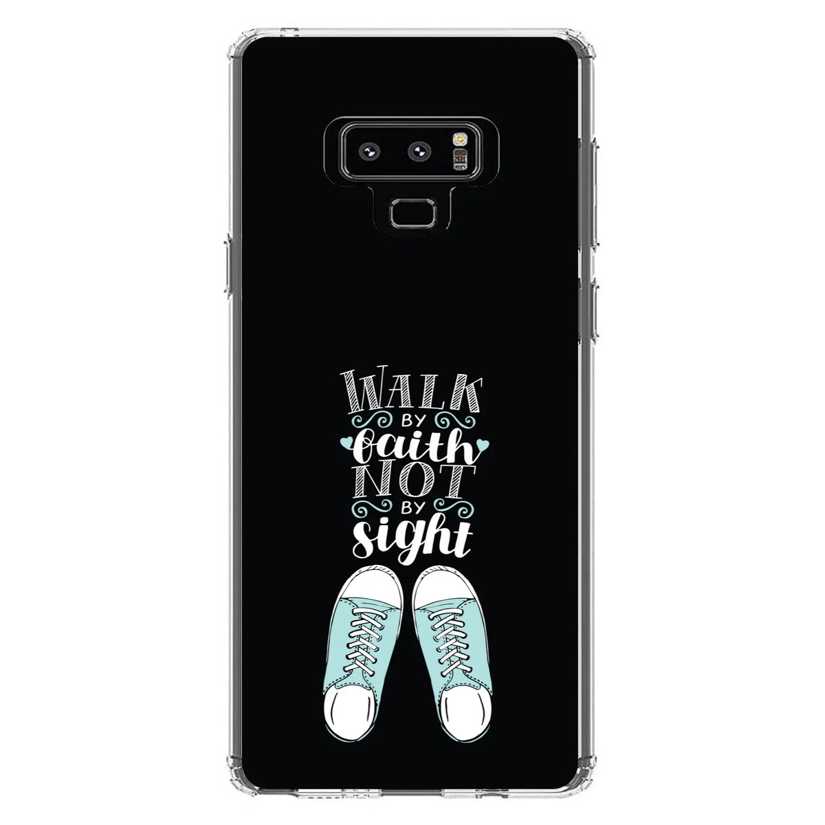 DistinctInk Clear Shockproof Hybrid Case for Samsung Galaxy Note 9 - TPU Bumper, Acrylic Back, Tempered Glass Screen Protector - Walk By Faith Not By Sign - Sneakers