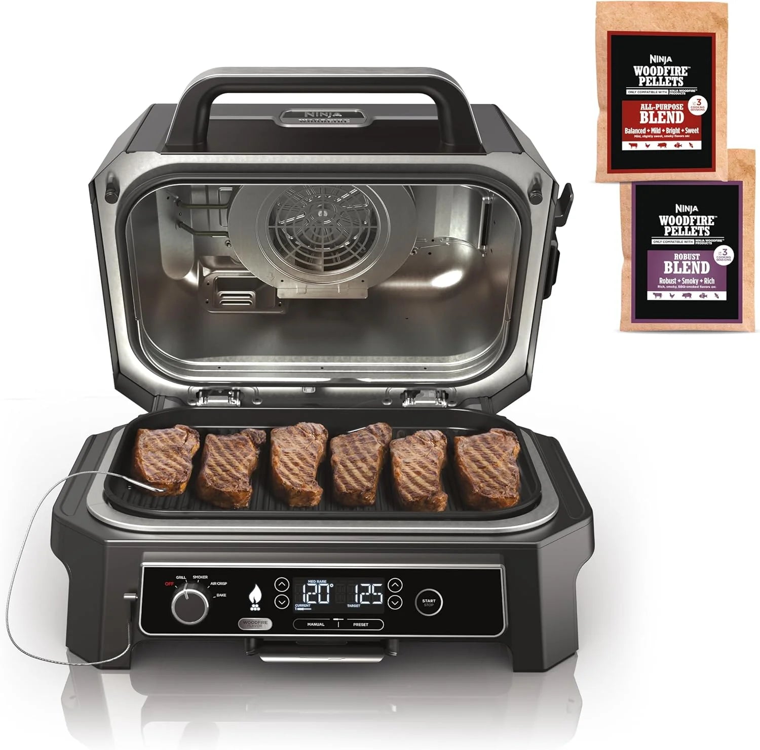 Grill i wędzarnia zewnętrzna Ninja Woodfire Pro XL 2026, termometr, grill Master 4 w 1, wędzarnia BBQ, frytkownica powietrzna na zewnątrz, piekarnik, przenośny, grill elektryczny, ciemnoszary, model OG850(Parrilla XL con termómetro)
