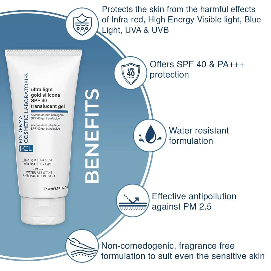 FIXDERMA COSMETIC LABORATORIES Ultra Light Gold Silicone SPF 40 Translucent Gel | Moisturizer for Acne Prone Skin | Sunscreen for Body & Face | Sun Screen Prote - Perfect for your project
