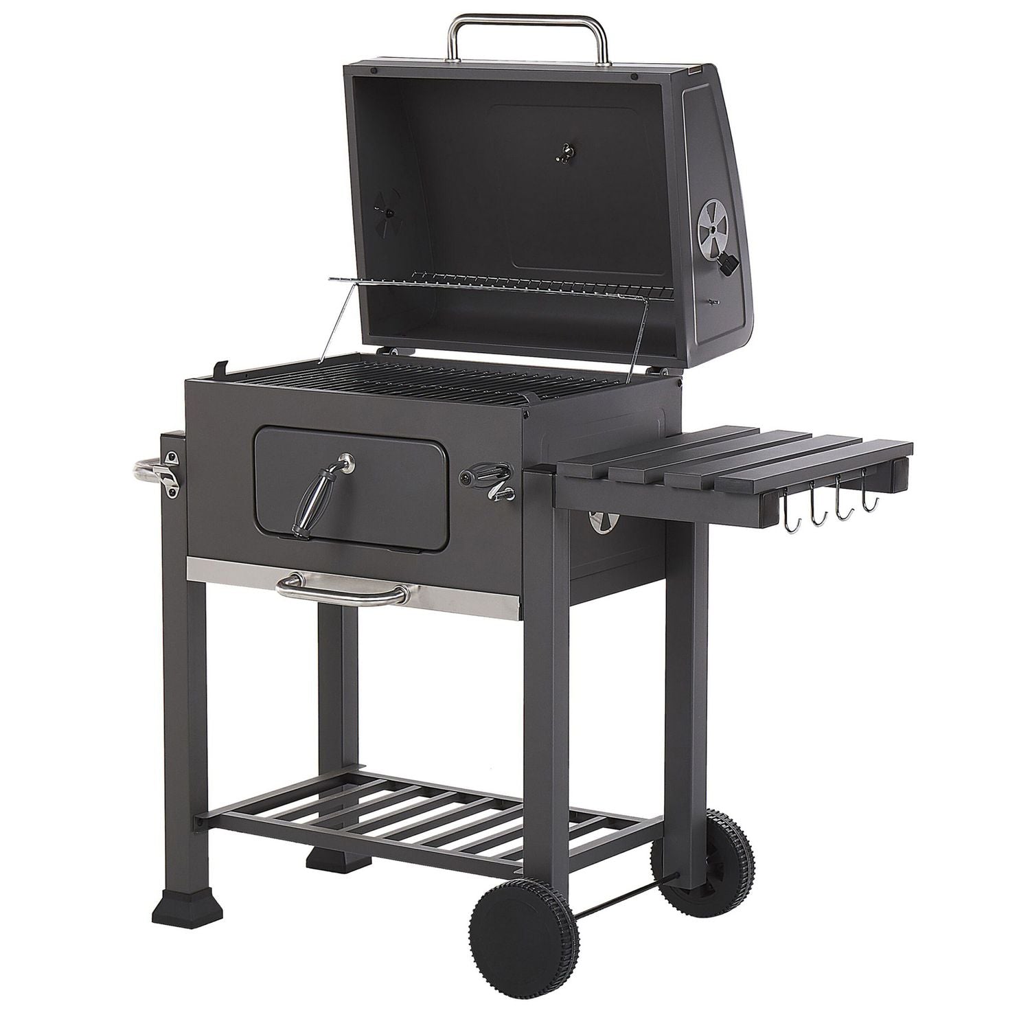 Grill węglowy BBQ, stal szara, z pokrywą, rusztem, kółkami, 2 półkami, termometrem, wyjmowaną popielniczką, Garden Pavlof - szary(Por omisión)