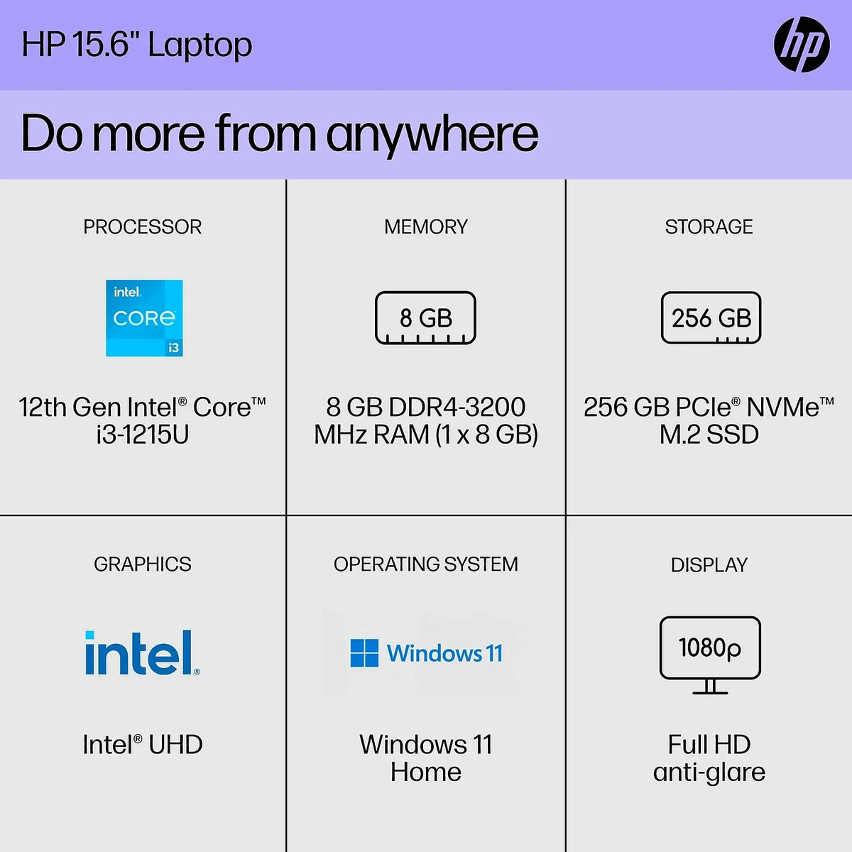 15.6" Laptop i3-1215U 8GB Memory 256GB SSD Windows 11 Home (8J0Z6UA#ABA)
