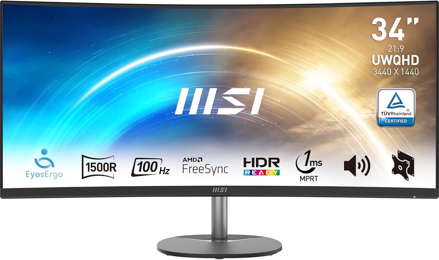 MSI Pro MP341CQ 34" UWQHD zakrzywiony ekran biurowy - Panel VA 1500R, 3440x1440, 100Hz, komfort oczu, sRGB 116%, HDR Ready, wbudowane głośniki, regulowane nachylenie - HDMI, DisplayPort(34"/UWQHD / 100 Hz)