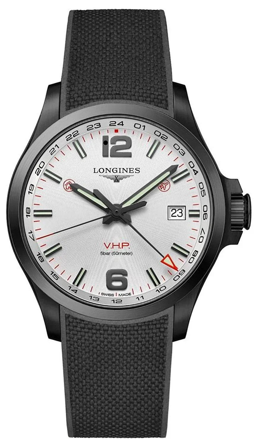 Top-quality Longines Conquest V.H.P. GMT Black PVD Black Rubber Strap Silver Dial Perpetual Calendar Date Quartz Mens Watch L3.728.2.76.9