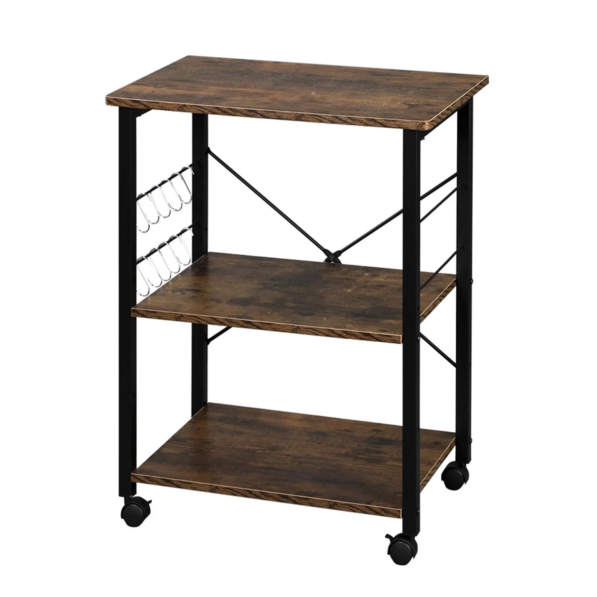 3 Tier Kitchen Microwave Cart, Microwave Stand on Wheels, Coffee Cart with Storage, Rolling Bakers Rack Workstation Shelf with 10 Hooks (24 x 16 x 29 Inches, Rustic Brown) - Perfect for your project
