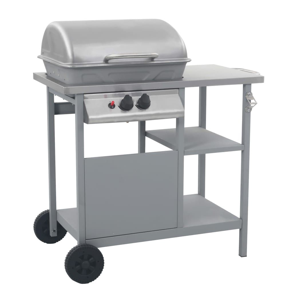 VidaXL przenośny grill gazowy z 3-półkowym stolikiem bocznym, srebrny(Por omisión)