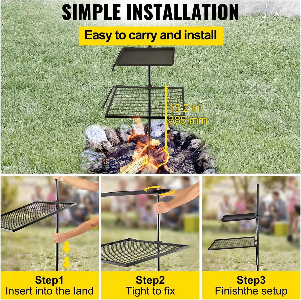 Top-quality Campfire Grill Grate,Double Layer Fire Pit Grill Grate Over Fire Pit,Three Section Height Adjustable Grill Grate for Outdoor Open Flame Cooking