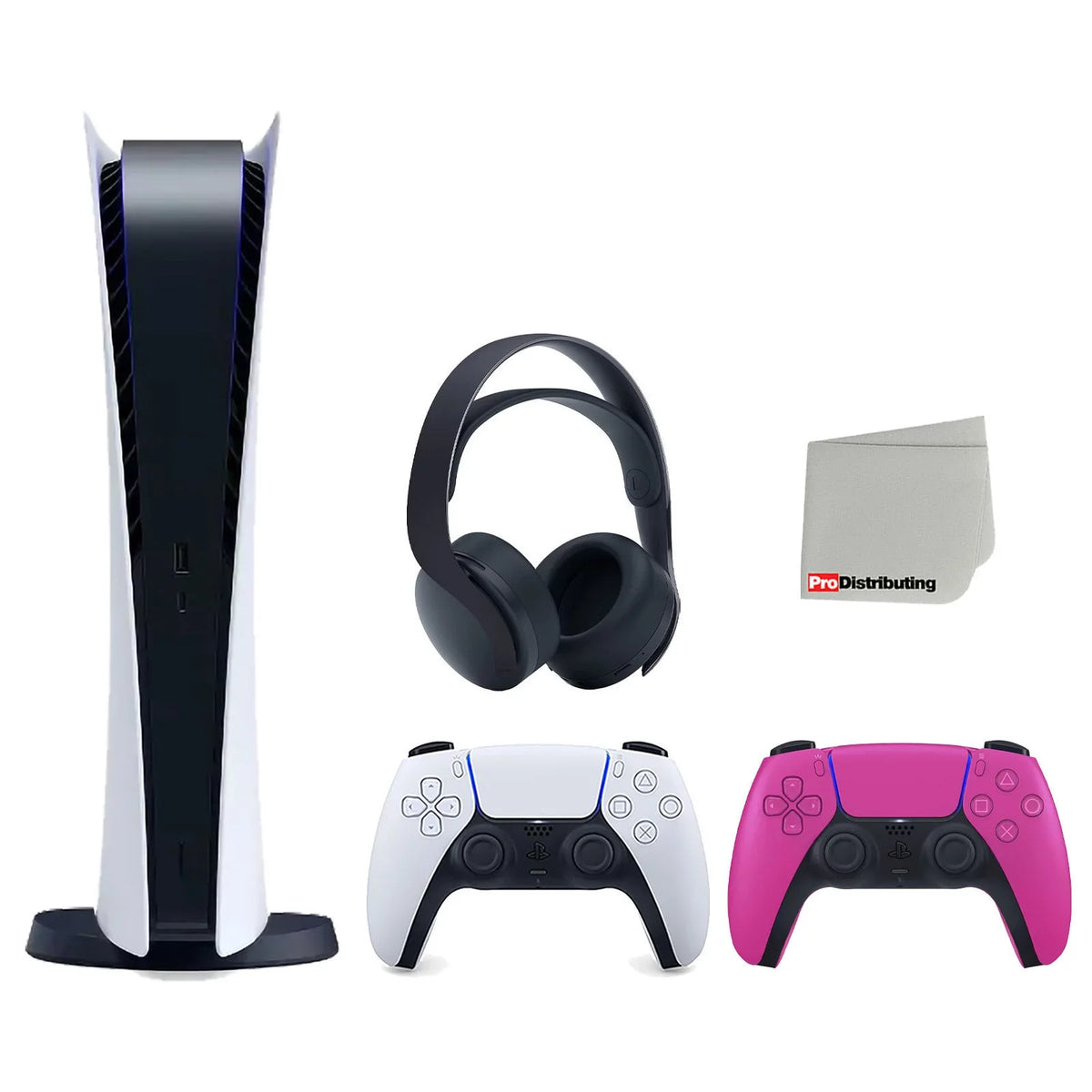 Sony Playstation 5 Digital Edition Console with Extra Pink Controller and Black PULSE 3D Headset Bundle with Cleaning Cloth - Perfect for your project