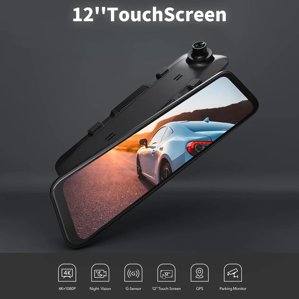 12" 4K Mirror Dash Cam, 2160P WiFi Rear View Mirror Dash Cam with 1440P Rear Camera, WiFi Dual Dash Camera for Cars with Parking Assist, G-Sensor, 64GB TF Card & GPS - Perfect for your project