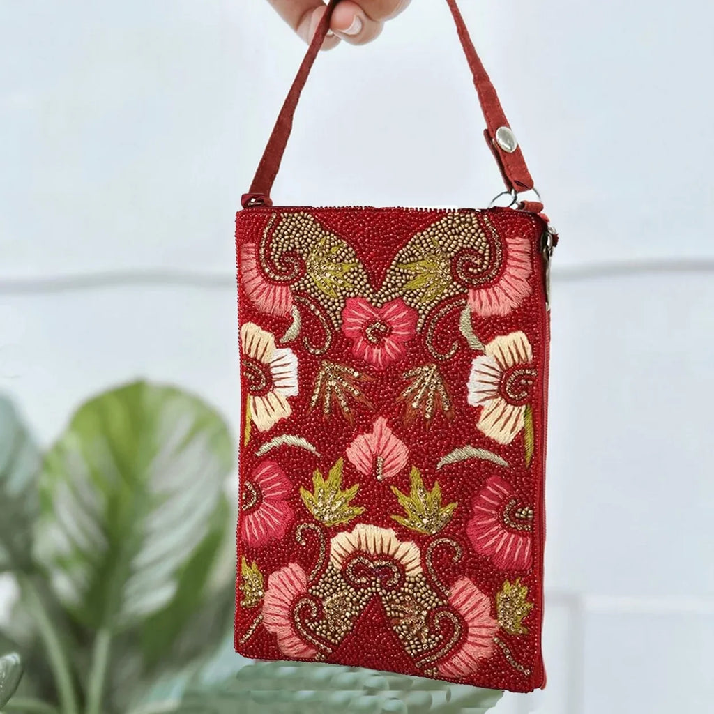 Top-quality Ruby Bloom Floral Club Bag Beaded Phone Crossbody, Red Multi