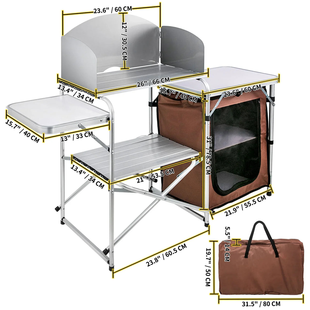 SKYSHALO Portable Folding Cook Table for BBQ, Party, Camping, Brown Color, Outdoor Camp Table 2-Tier, Camping Kitchen Table with Zippered Bag - Perfect for your project