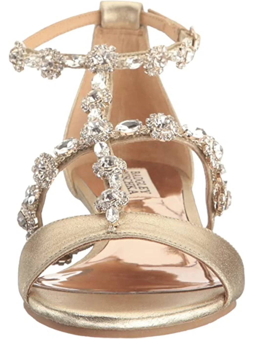 Top-quality BADGLEY MISCHKA Womens Gold Ankle Strap Embellished Terry Wedge Buckle Leather Dress Sandals 9