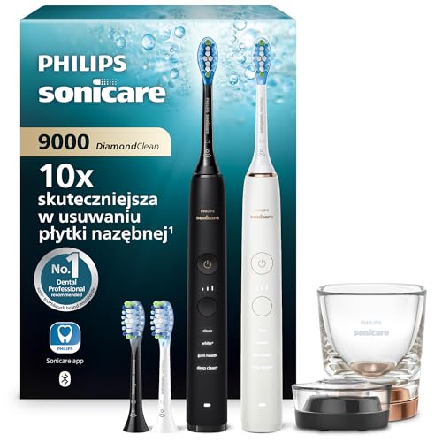 Szczoteczka elektryczna Philips Sonicare DiamondClean 9000, podwójne opakowanie, szczoteczka soniczna z aplikacją, czujnik nacisku, szklanka do ładowania, kolor czarny i Rosegold, model HX9914/61(Black  Rosegold)