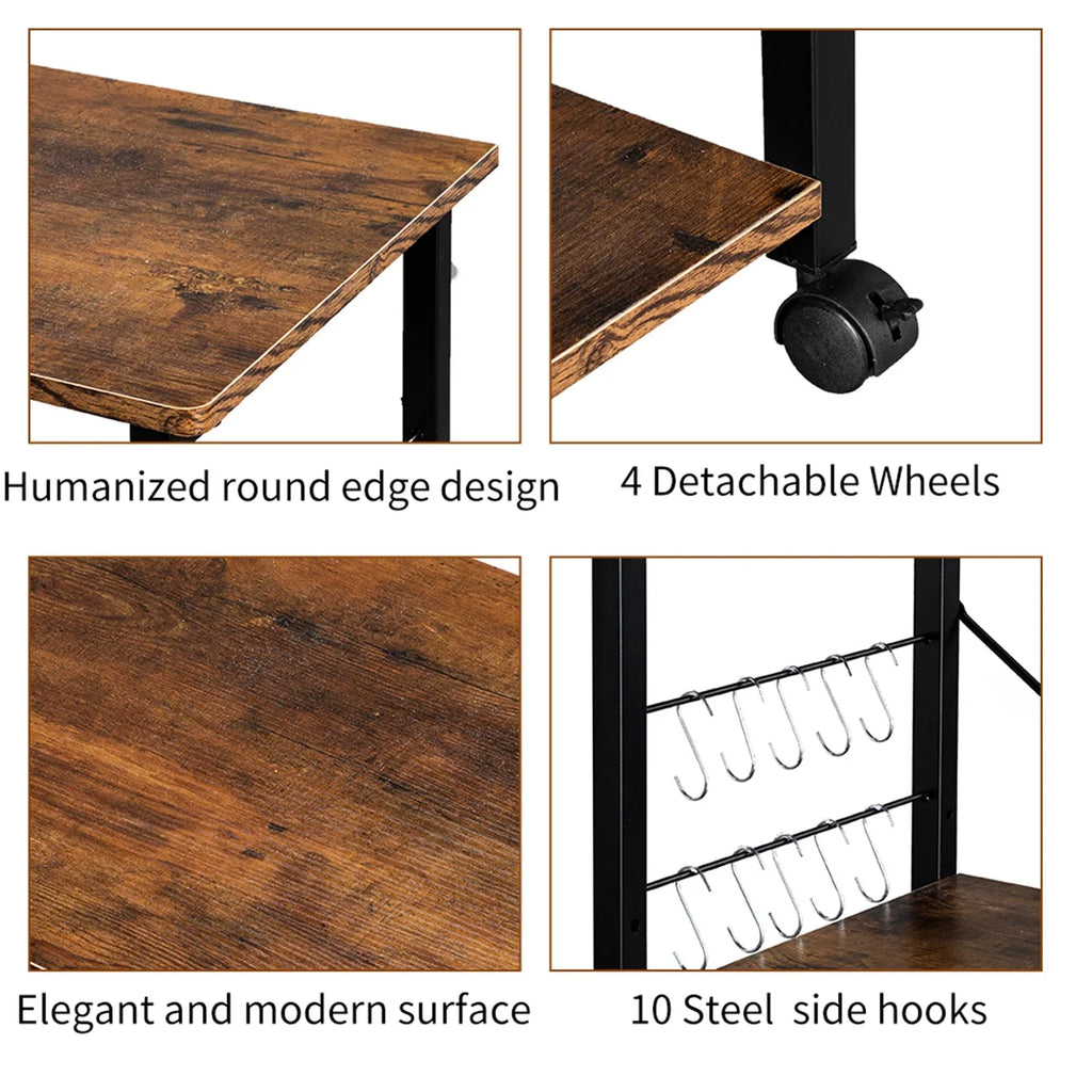 3 Tier Kitchen Microwave Cart, Microwave Stand on Wheels, Coffee Cart with Storage, Rolling Bakers Rack Workstation Shelf with 10 Hooks (24 x 16 x 29 Inches, Rustic Brown) - Perfect for your project