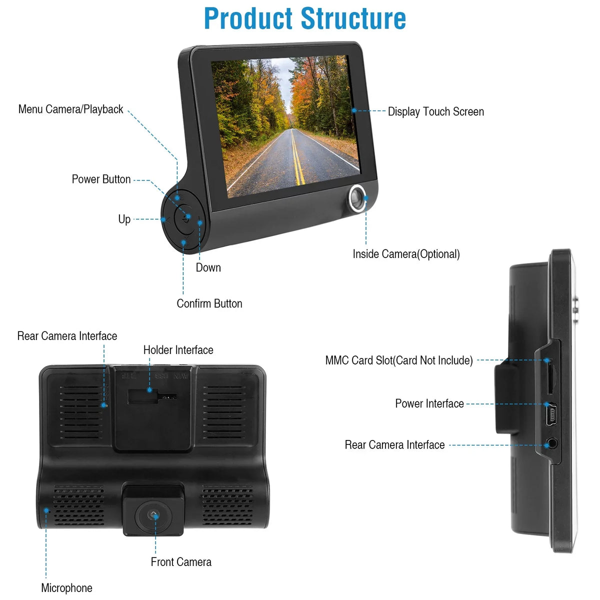 iMouTEK 1080P Touch Screen Car Dash 4in Cam Dash Camera Front and Rear Camera with G-Sensor Loop Recording Motion Detection - Perfect for your project