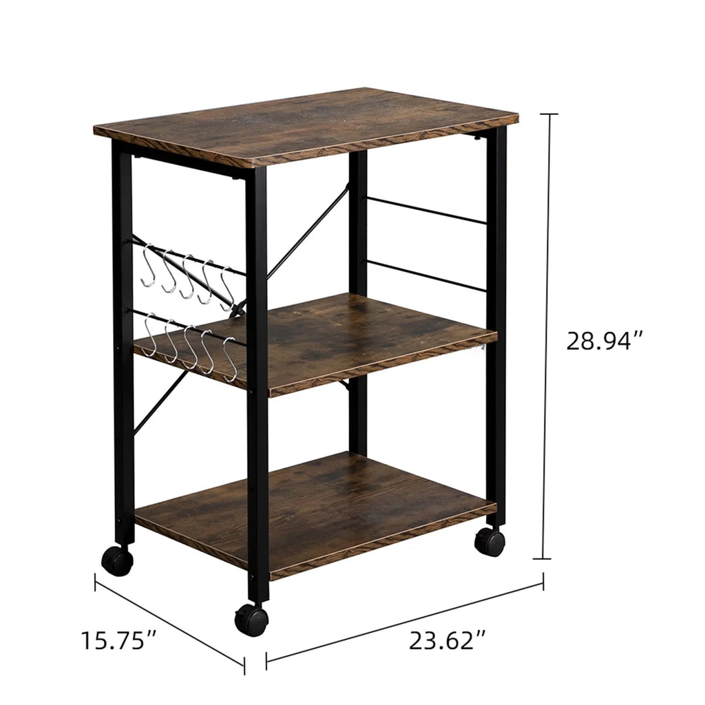 3 Tier Kitchen Microwave Cart, Microwave Stand on Wheels, Coffee Cart with Storage, Rolling Bakers Rack Workstation Shelf with 10 Hooks (24 x 16 x 29 Inches, Rustic Brown) - Perfect for your project