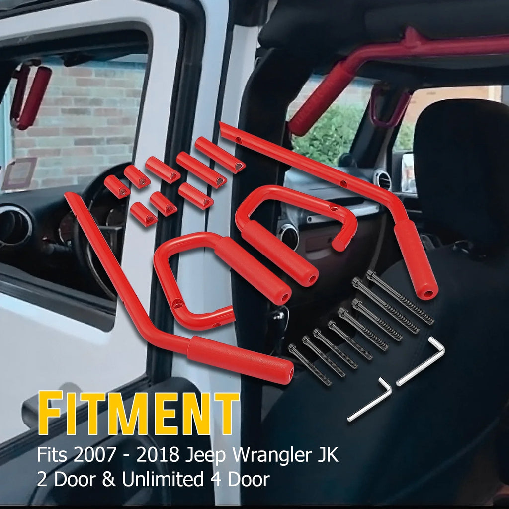 Top-quality WEISEN- Powder Coated Red Aluminum Full Front & Rear Grab Bar Handles Set for 07-18 Jeep Wrangler JK