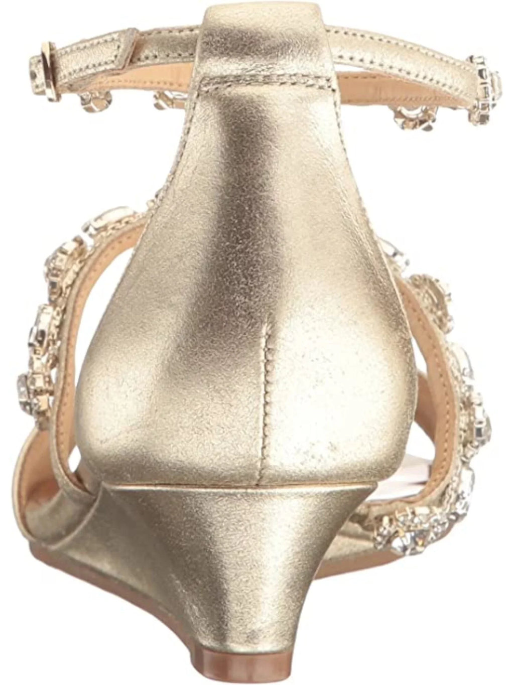 Top-quality BADGLEY MISCHKA Womens Gold Ankle Strap Embellished Terry Wedge Buckle Leather Dress Sandals 9
