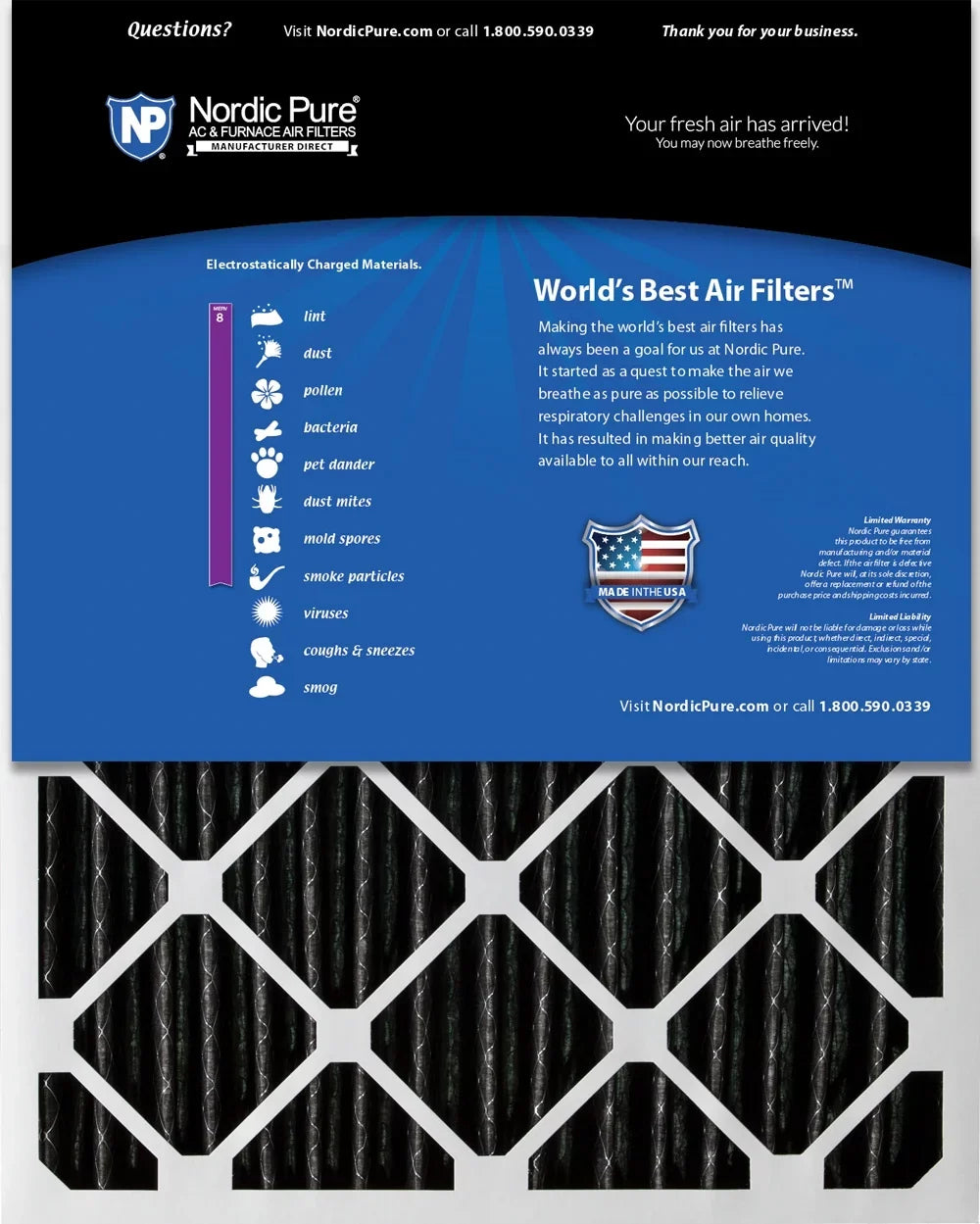 Top-quality Nordic Pure 16x25x2 Furnace Air Filters MERV 8 Pleated Plus Carbon 3 Pack