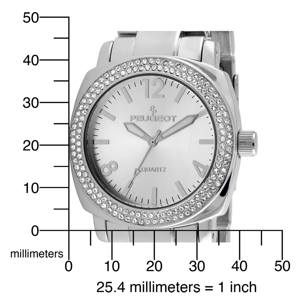Peugeot Women's All Silver Boyfriend Oversized Watch with Swarovski Crystal Bezel Metal Link Bracelet 7075S
