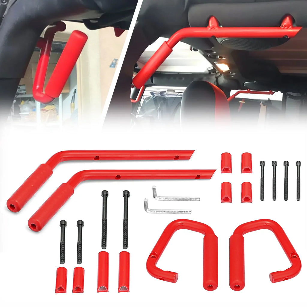 Top-quality WEISEN- Powder Coated Red Aluminum Full Front & Rear Grab Bar Handles Set for 07-18 Jeep Wrangler JK