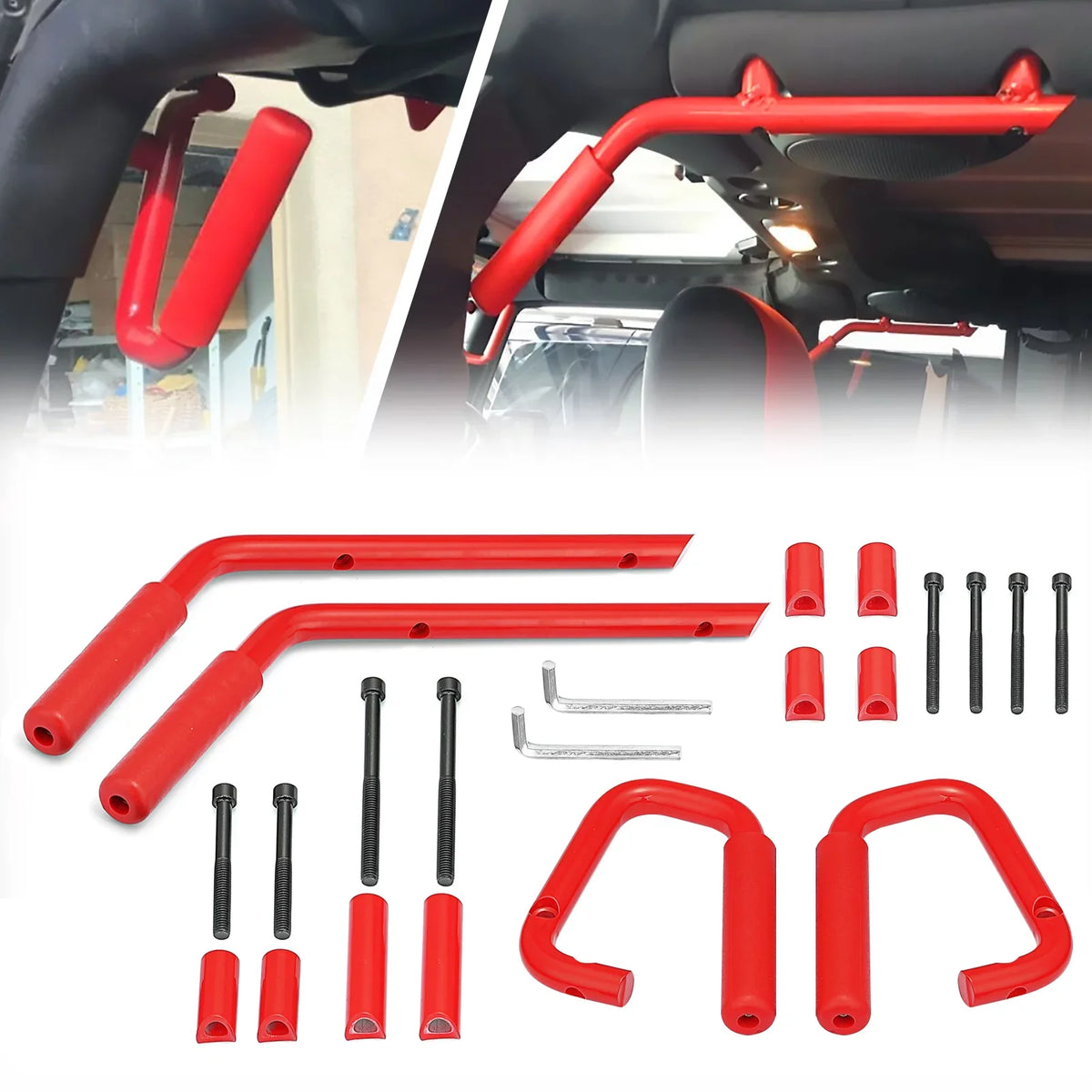 Top-quality WEISEN- Powder Coated Red Aluminum Full Front & Rear Grab Bar Handles Set for 07-18 Jeep Wrangler JK