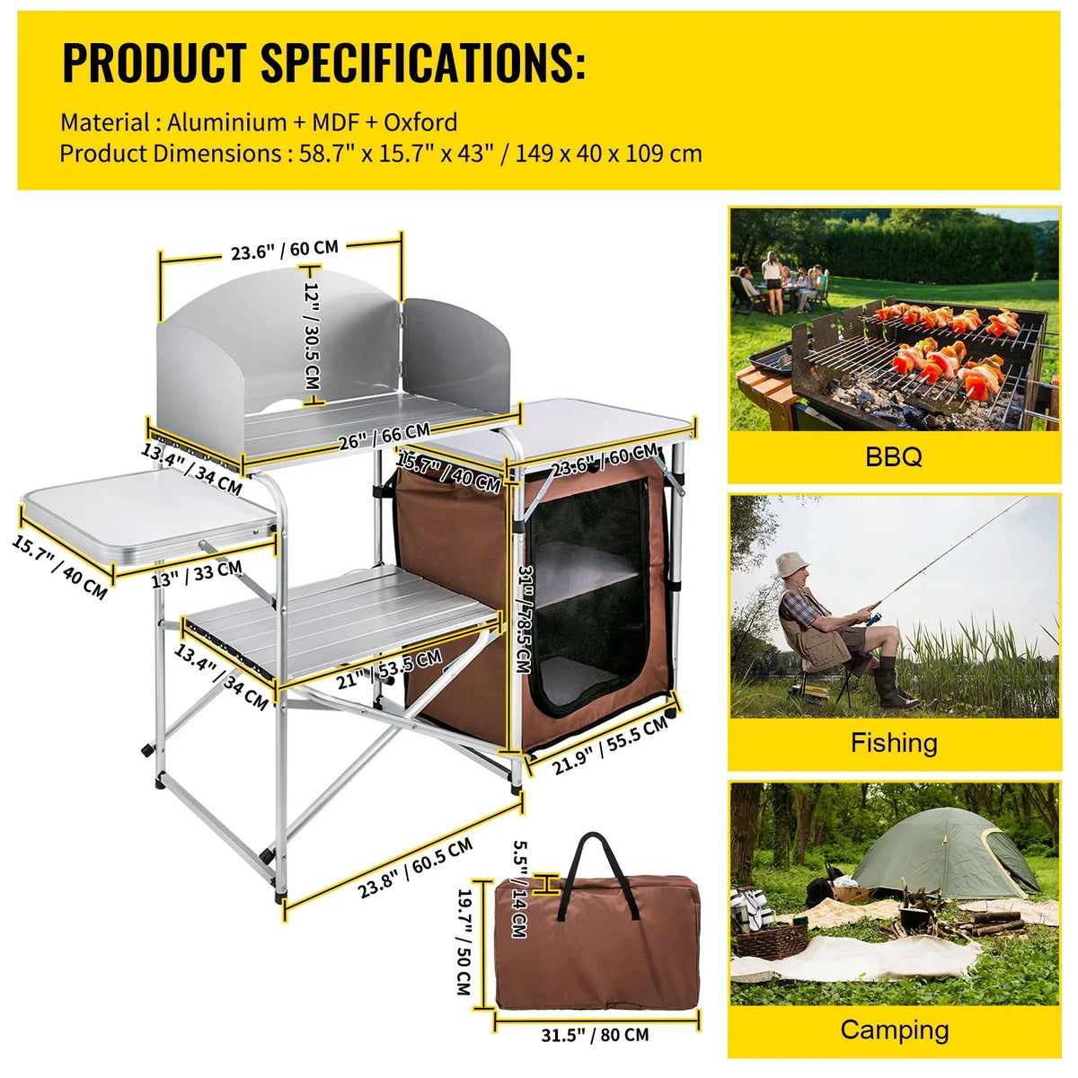 SKYSHALO Portable Folding Cook Table for BBQ, Party, Camping, Brown Color, Outdoor Camp Table 2-Tier, Camping Kitchen Table with Zippered Bag - Perfect for your project