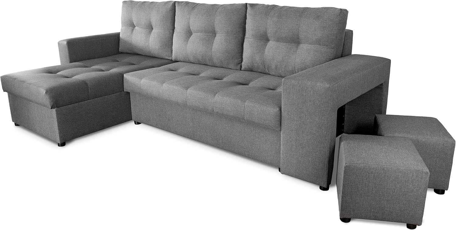 NAWSTOL - Sofa narożna Leon z funkcją spania i skrzynią na pościel – nowoczesna sofa do salonu – możliwość montażu z lewej lub prawej strony (szara + biała sztuczna skóra)(jasnoszary)